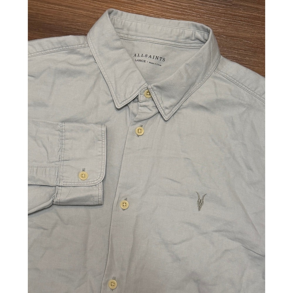 All Saints Hermosa LS Shirt Blue/Grey Linen Blend Ramskull Logo Mens Sz L